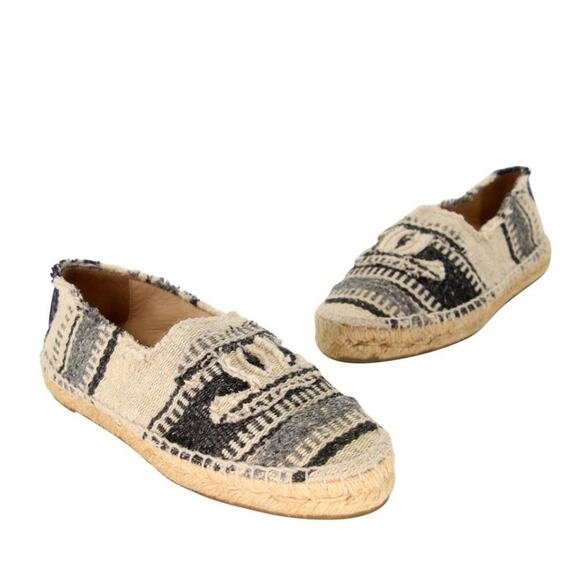 Chanel Espadrille 37 Striped Woven Canvas Cap Toe Cc Flats CC-0503N-0144 - Picture 2 of 11